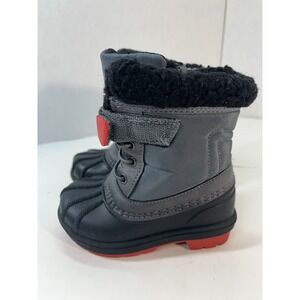 Cat & Jack Boy Snow Boots Size 6 Toddler Grey, Black, & Red Fur Lined